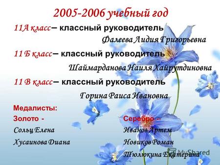 2005-2006 учебный год 11А класс – классный руководитель Фалеева Лидия Григорьевна 11 Б класс – классный руководитель Шаймарданова Наиля Хайрутдиновна 11.