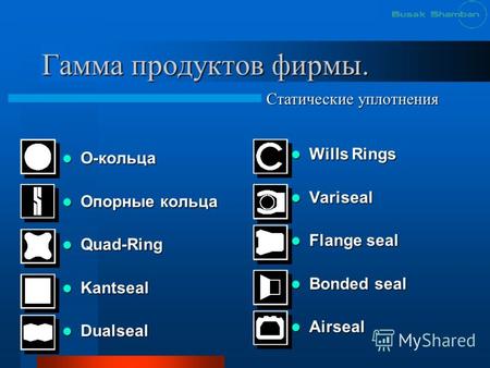 Гамма продуктов фирмы. О-кольца О-кольца Опорные кольца Опорные кольца Quad-Ring Quad-Ring Kantseal Kantseal Dualseal Dualseal Wills Rings Wills Rings.