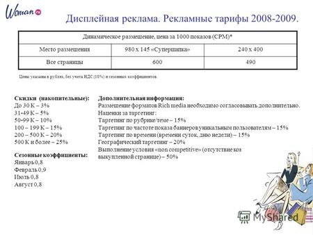 Дисплейная реклама. Рекламные тарифы 2008-2009. Цены указаны в рублях, без учета НДС (18%) и сезонных коэффициентов. Сезонные коэффициенты: Январь 0,8.