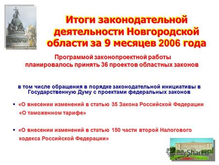 Итоги законодательной деятельности Новгородской области за 9 месяцев 2006 года Программой законопроектной работы Программой законопроектной работы планировалось.