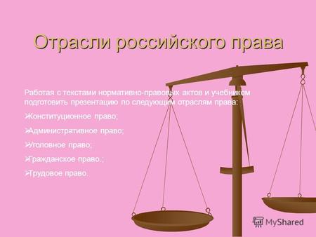 Отрасли российского права Работая с текстами нормативно-правовых актов и учебником подготовить презентацию по следующим отраслям права: Конституционное.