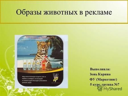 Образы животных в рекламе Выполнила: Зонь Карина ФУ (Маркетинг) 5 курс, группа 7.
