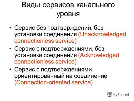 Виды сервисов канального уровня Сервис без подтверждений, без установки соединения (Unacknowledged connectionless service) Сервис с подтверждениями, без.