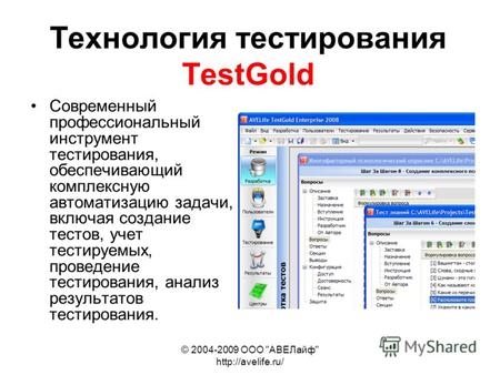 © 2004-2009 ООО АВЕЛайф  Технология тестирования TestGold Современный профессиональный инструмент тестирования, обеспечивающий комплексную.
