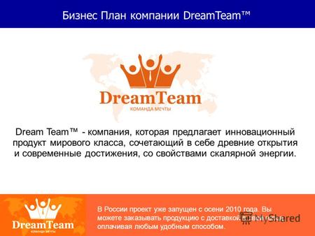 Бизнес План компании DreamTeam Dream Team - компания, которая предлагает инновационный продукт мирового класса, сочетающий в себе древние открытия и современные.