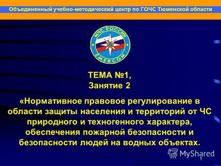 1 Объединенный учебно-методический центр по ГОЧС Тюменской области ТЕМА 1, Занятие 2 «Нормативное правовое регулирование в области защиты населения и территорий.