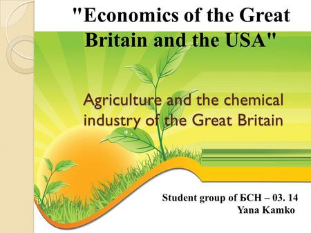 Economics of the Great Britain and the USA Agriculture and the chemical industry of the Great Britain Student group of БСН – Yana Kamko.