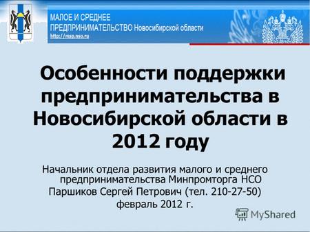 Особенности поддержки предпринимательства в Новосибирской области в 2012 году Начальник отдела развития малого и среднего предпринимательства Минпромторга.