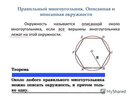 Правильный многоугольник. Описанная и вписанная окружности Окружность называется описанной около многоугольника, если все вершины многоугольника лежат.