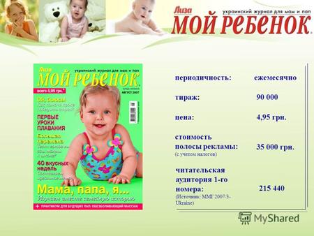 Цена: 4,95 грн. стоимость полосы рекламы: (с учетом налогов) тираж: 90 000 читательская аудитория 1-го номера: (Источник: MMI2007/3- Ukraine) 215 440 периодичность:ежемесячно.