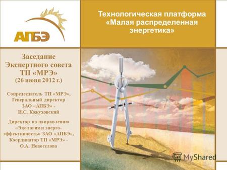 Технологическая платформа «Малая распределенная энергетика» Заседание Экспертного совета ТП «МРЭ» (26 июня 2012 г.) Сопредседатель ТП «МРЭ», Генеральный.