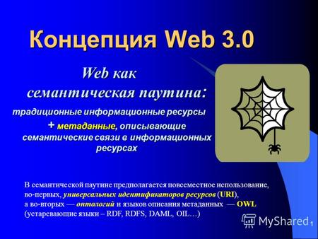 1 Концепция Web 3.0 Web как семантическая паутина : традиционные информационные ресурсы + метаданные, описывающие семантические связи в информационных.