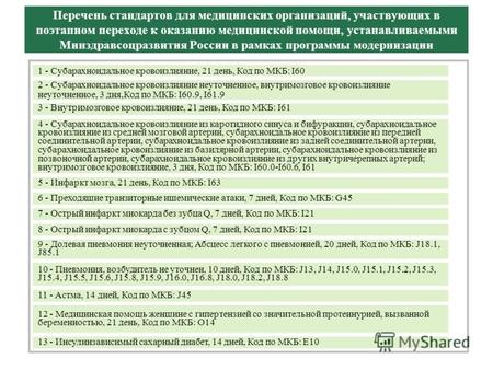 Перечень стандартов для медицинских организаций, участвующих в поэтапном переходе к оказанию медицинской помощи, устанавливаемыми Минздравсоцразвития России.