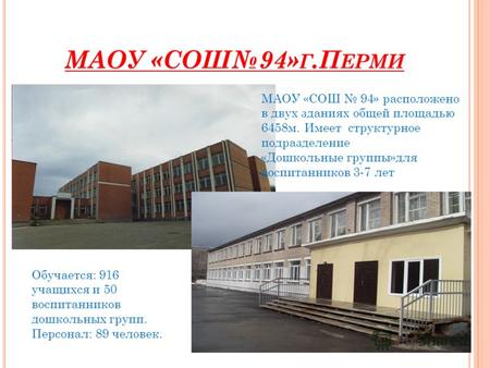 МАОУ «СОШ94» Г.П ЕРМИ МАОУ «СОШ 94» расположено в двух зданиях общей площадью 6458м. Имеет структурное подразделение «Дошкольные группы»для воспитанников.