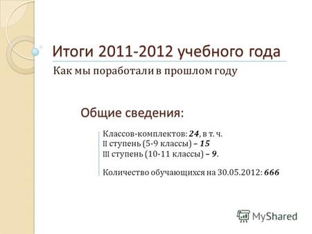 Итоги 2011-2012 учебного года Как мы поработали в прошлом году Общие сведения : Классов-комплектов: 24, в т. ч. II ступень (5-9 классы) – 15 III ступень.