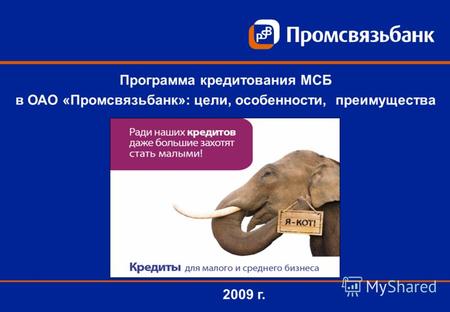 2009 г. Программа кредитования МСБ в ОАО «Промсвязьбанк»: цели, особенности, преимущества.