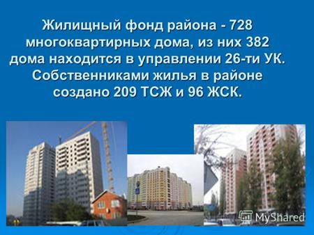 Жилищный фонд района - 728 многоквартирных дома, из них 382 дома находится в управлении 26-ти УК. Собственниками жилья в районе создано 209 ТСЖ и 96 ЖСК.