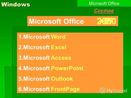 1Windows Microsoft OfficeСостав 1.Microsoft Word 2.Microsoft Excel 3.Microsoft Access 4.Microsoft PowerPoint 5.Microsoft Outlook 6.Microsoft FrontPage.