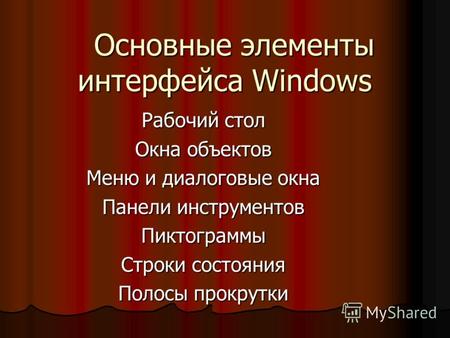 Основные элементы интерфейса Windows Основные элементы интерфейса Windows Рабочий стол Окна объектов Меню и диалоговые окна Панели инструментов Пиктограммы.
