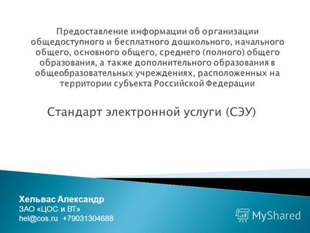 Стандарт электронной услуги (СЭУ) Хельвас Александр ЗАО «ЦОС и ВТ» hel@cos.ru +79031304688.