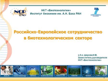 1 Российско-Европейское сотрудничество Российско-Европейское сотрудничество в биотехнологическом секторе в биотехнологическом секторе НКТ «Биотехнологии»