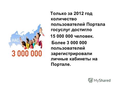 Только за 2012 год количество пользователей Портала госуслуг достигло 15 000 000 человек. Более 3 000 000 пользователей зарегистрировали личные кабинеты.