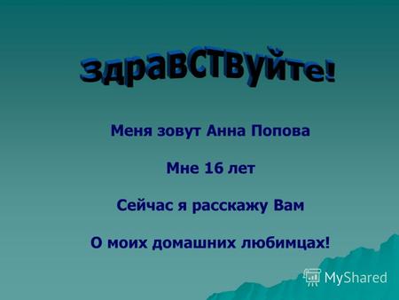 Меня зовут Анна Попова Мне 16 лет Сейчас я расскажу Вам О моих домашних любимцах!