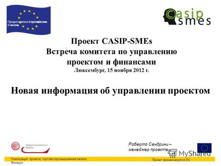 1 Проект CASIP-SMEs Встреча комитета по управлению проектом и финансами Люксембург, 15 ноября 2012 г. Проект финансируется ЕС Предоставлено Европейским.