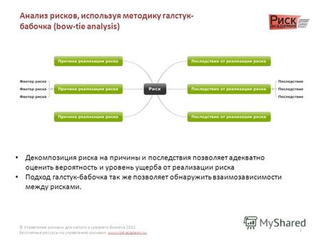 © Управление рисками для малого и среднего бизнеса 2012 Бесплатные ресурсы по управлению рисками: www.risk-academy.ru Анализ рисков, используя методику.