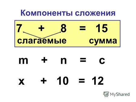 Компоненты сложения 7 + 8 = 15 слагаемые сумма m + n = c x + 10 = 12.