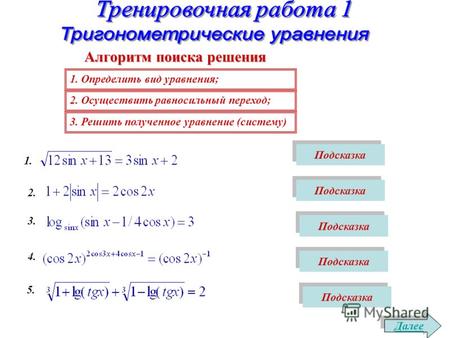1. Определить вид уравнения; 2. Осуществить равносильный переход; 3. Решить полученное уравнение (систему) Алгоритм поиска решения Далее 1. Подсказка 2.