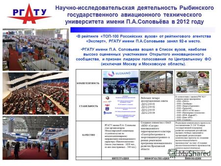 Научно-исследовательская деятельность Рыбинского государственного авиационного технического университета имени П.А.Соловьёва в 2012 году В рейтинге «ТОП-100.