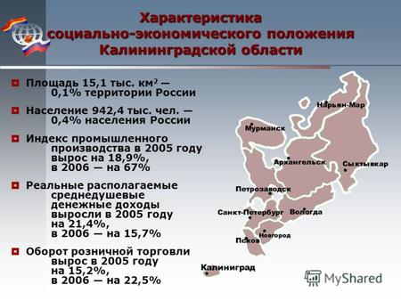 Характеристика социально-экономического положения Калининградской области Площадь 15,1 тыс. км 2 0,1% территории России Население 942,4 тыс. чел. 0,4%