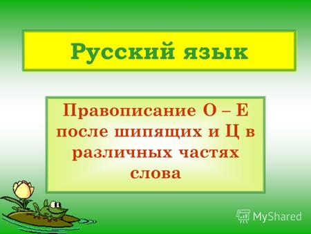 Русский язык Правописание О – Е после шипящих и Ц в различных частях слова.