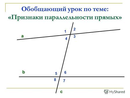 Обобщающий урок по теме: «Признаки параллельности прямых» а b 1 2 3 4 5 6 7 8 c.