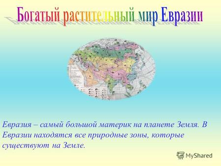 Евразия – самый большой материк на планете Земля. В Евразии находятся все природные зоны, которые существуют на Земле.