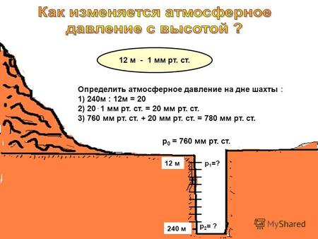 Р 0 = 760 мм рт. ст. 12 м 240 м 12 м - 1 мм рт. ст. Определить атмосферное давление на дне шахты : 1) 240м : 12м = 20 2) 20. 1 мм рт. ст. = 20 мм рт. ст.
