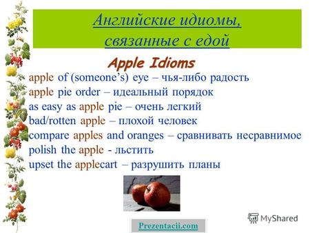 Английские идиомы, связанные с едой Apple Idioms apple of (someones) eye – чья-либо радость apple pie order – идеальный порядок as easy as apple pie –