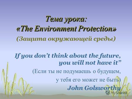 Тема урока: «The Environment Protection» (Защита окружающей среды) If you dont think about the future, you will not have it (Если ты не подумаешь о будущем,