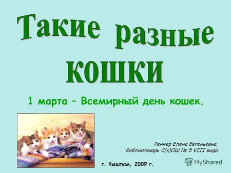 1 марта – Всемирный день кошек. Реннер Елена Евгеньевна, библиотекарь С(к)ОШ 5 VIII вида г. Кыштым, 2009 г.