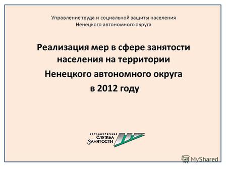 Управление труда и социальной защиты населения Ненецкого автономного округа Реализация мер в сфере занятости населения на территории Ненецкого автономного.