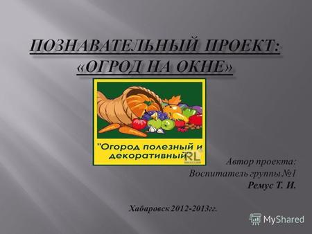 Автор проекта : Воспитатель группы 1 Ремус Т. И. Хабаровск 2012-2013 гг.