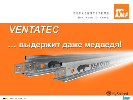 VENTATEC … выдержит даже медведя!. VENTATEC – новая подвесная система от AMF Системные решения от одного изготовителя - потолочные плиты и подвесные системы!