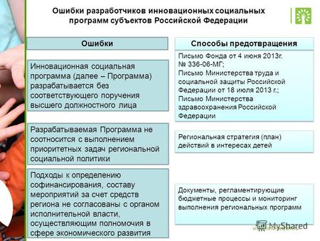 Www.fond-detyam.ru Ошибки разработчиков инновационных социальных программ субъектов Российской Федерации Инновационная социальная программа (далее – Программа)