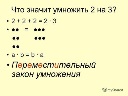 Что значит умножить 2 на 3? 2 + 2 + 2 = 2 · 3 = а · b = b · a Переместительный закон умножения.