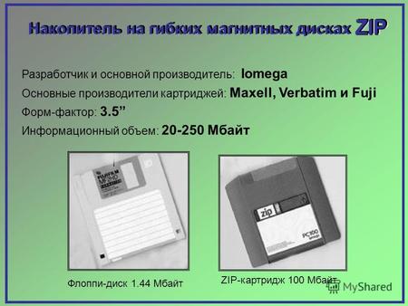 Разработчик и основной производитель: Iomega Основные производители картриджей: Maxell, Verbatim и Fuji Форм-фактор: 3.5 Информационный объем: 20-250 Мбайт.