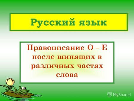 Русский язык Правописание О – Е после шипящих в различных частях слова.