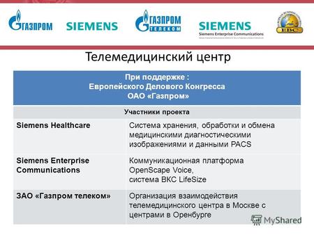 Телемедицинский центр При поддержке : Европейского Делового Конгресса ОАО «Газпром» Участники проекта Siemens HealthcareСистема хранения, обработки и обмена.