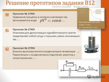 Решение прототипов задания В12 Глазачев Григорий (выпуск 2013) 40 Прототип 27992 Уравнение процесса, в котором участвовал газ, записывается в виде …… 41.
