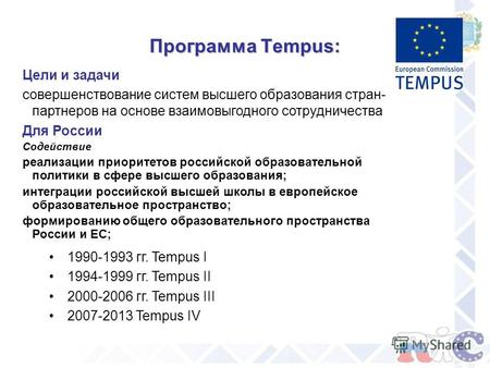 Программа Tempus: 1990-1993 гг. Tempus I 1994-1999 гг. Tempus II 2000-2006 гг. Tempus III 2007-2013 Tempus IV Цели и задачи совершенствование систем высшего.